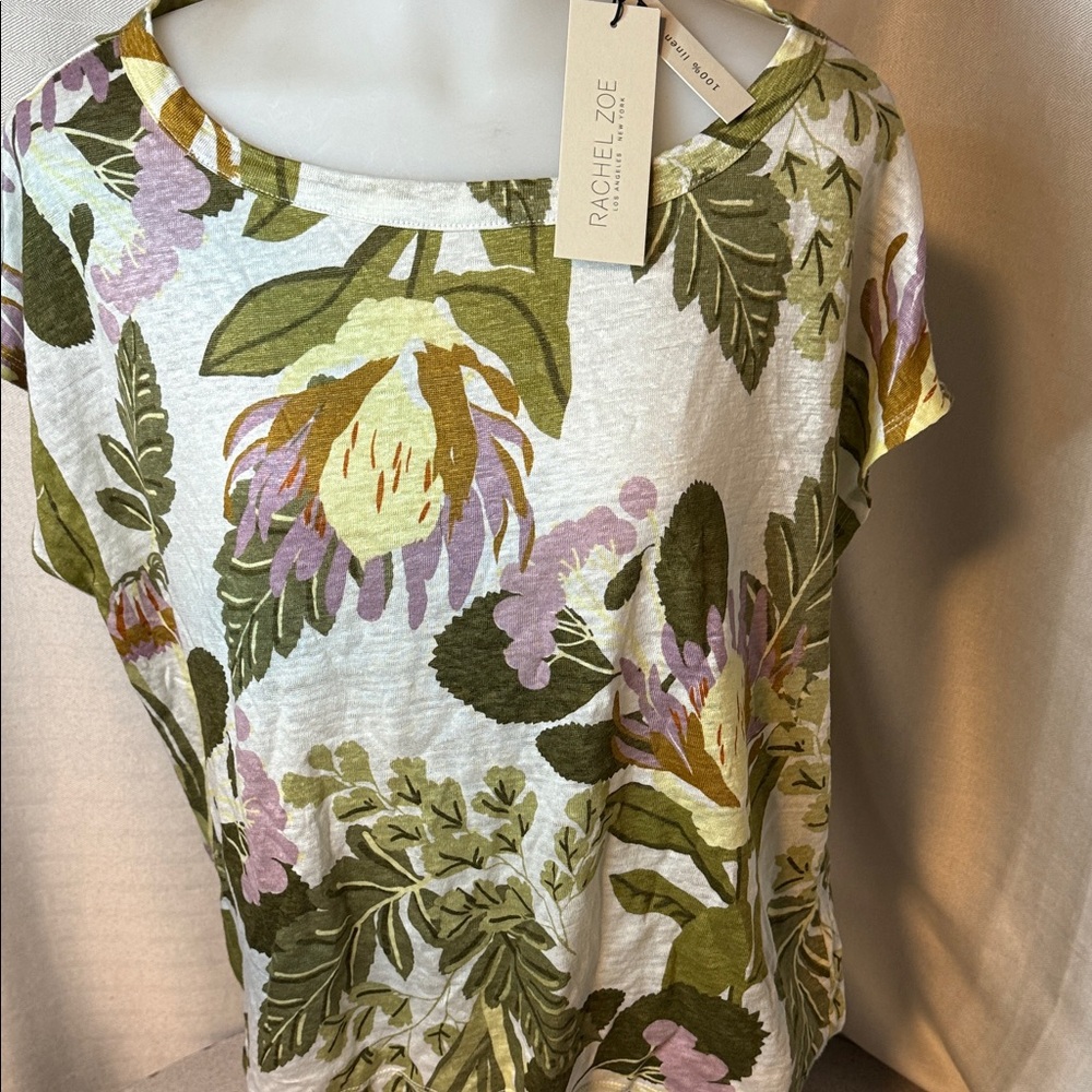 Rachel Zoe Botanical Print Short Sleeve Top - Green and Purple